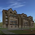 Multi Story Residential Building With Balconies Surrounded By Greenery Lawn And Trees