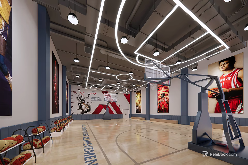 Indoor Basketball Court With Modern Lighting Seats And Sports Posters For Fitness Training 3d model 