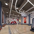 Indoor Basketball Court With Modern Lighting Seats And Sports Posters For Fitness Training