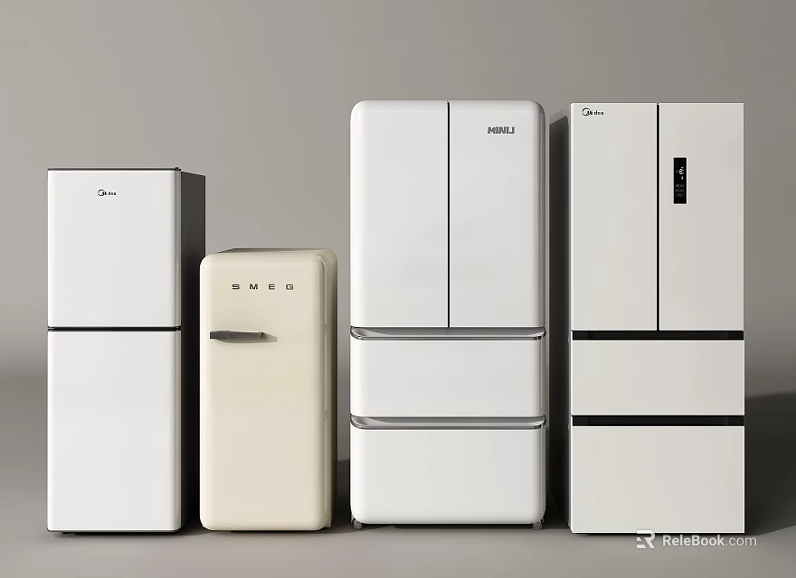 Various Style Fridge Freezers In White And Cream Colors With Compact And Multi Door Designs 3d model 