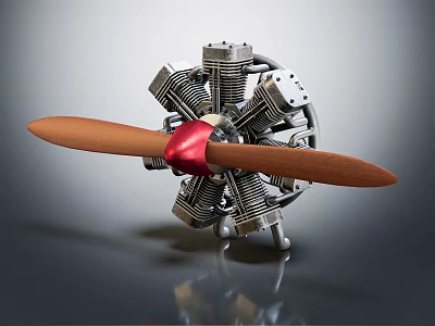 Vintage Aircraft Engine with Wooden Propeller and Detailed Metal Cylinder Structure 3d model