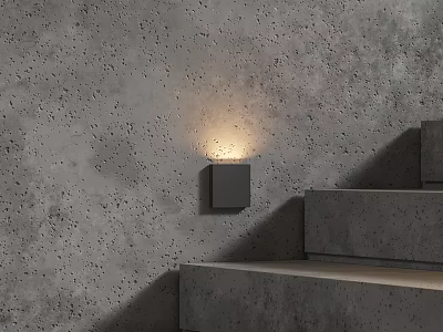 Gray Concrete Wall With Square Wall Lamp And Staircase Design 3d model