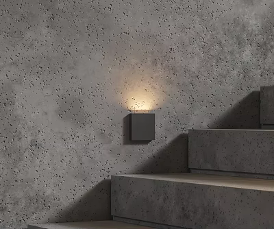 Gray Concrete Wall With Square Wall Lamp And Staircase Design 3d model
