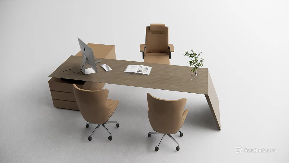 Modern Wooden Office Desk With Computer Monitor Keyboard Open Book Green Plant And Brown Chairs 3d model 