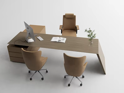Modern Wooden Office Desk With Computer Monitor Keyboard Open Book Green Plant And Brown Chairs 3d model