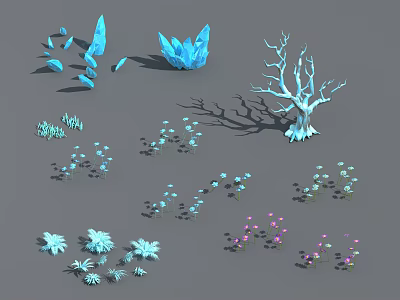 Cartoon Scene Featuring Blue Ice Crystals Dead Tree Small Blue Pink Flowers And Various Plants 3d model