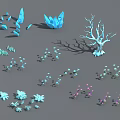 Cartoon Scene Featuring Blue Ice Crystals Dead Tree Small Blue Pink Flowers And Various Plants