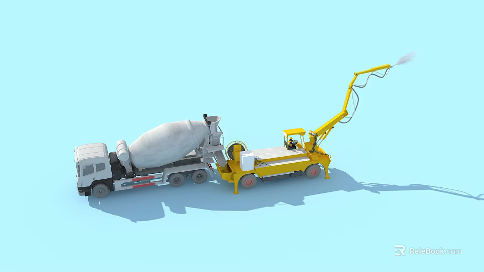 White Cement Mixer Truck And Yellow Concrete Pump For Construction Work 3d model 