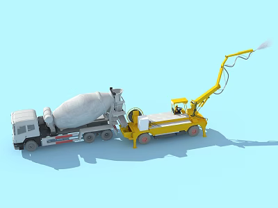 White Cement Mixer Truck And Yellow Concrete Pump For Construction Work 3d model