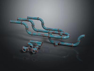 Old Rusted Blue Metal Pipes With Curved Structure And Small Fittings 3d model
