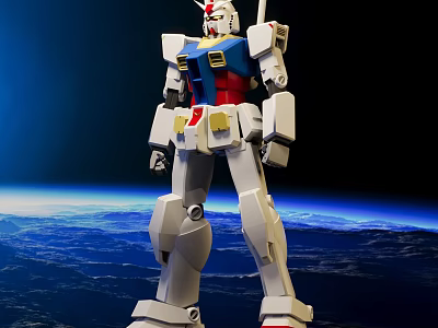 White Gundam Model With Blue Red Yellow Details Against Earth Space Background 3d model