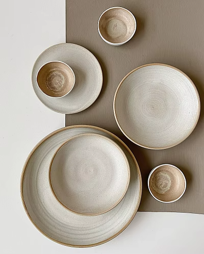 Natural Textured Ceramic Dinnerware Set With Neutral Tones And Various Sizes For Dining Table 3d model