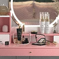 Pink Dressing Table Interior With Organized Cosmetics Skincare And Round Mirror