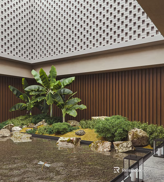 Courtyard Garden With Lush Banana Trees Decorative Rocks Brown Wooden Slat Wall And Mossy Shrubs 3d model 