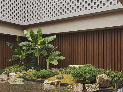 Courtyard Garden With Lush Banana Trees Decorative Rocks Brown Wooden Slat Wall And Mossy Shrubs 3d model