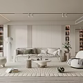 Modern Living Room Interior With White Sofa Green Cushions Round Chair And Bookshelves