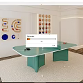 Green Ping Pong Table With Paddles Balls In Modern Room With Wall Decorations