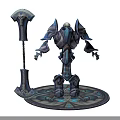 Mythical Skeleton Creature In Blue Silver Armor Holding Giant Axe On Ornate Base