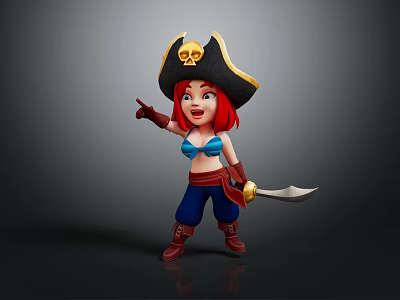 Game and Movie Character Red Haired Pirate with Skull Hat Holding Knife in Pointing Pose 3d model