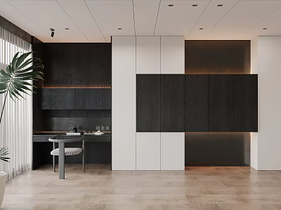 Modern Dark Wooden Bookcase With White Cabinets Minimalist Interior Desk Chair And Green Plant 3d model