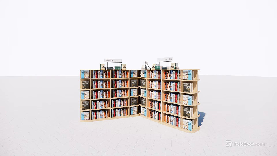 L Shaped Wooden Display Shelves With Multi Tiered Racks Filled With Books And Top Signs 3d model 
