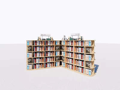 L Shaped Wooden Display Shelves With Multi Tiered Racks Filled With Books And Top Signs 3d model