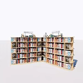 L Shaped Wooden Display Shelves With Multi Tiered Racks Filled With Books And Top Signs