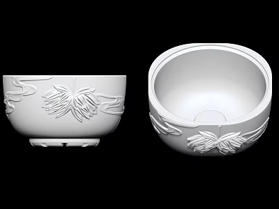White Ceramic Cups With Carved Lotus Leaf Patterns And Ornate Base 3d model