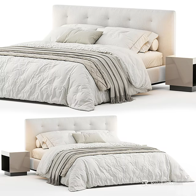 Elegant Double Bed With White Bedding Striped Quilt Pillows And Modern Nightstand 3d model 