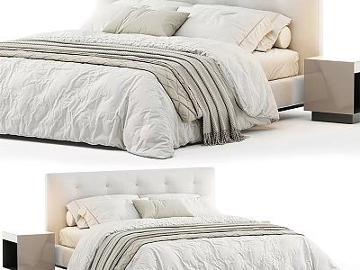 Elegant Double Bed With White Bedding Striped Quilt Pillows And Modern Nightstand 3d model