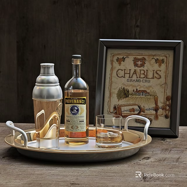 Wine Bottle and Glass with Shaker on Metal Tray Against Wooden Background Framed Chablis Sign 3d model 