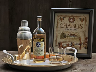 Wine Bottle and Glass with Shaker on Metal Tray Against Wooden Background Framed Chablis Sign 3d model