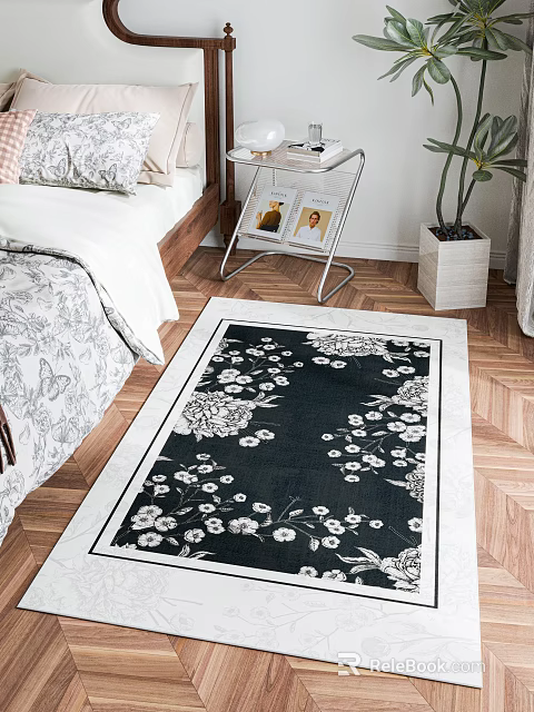 Cozy Bedroom Interior With Black Floral Rug Wooden Herringbone Floor And White Bedding 3d model 