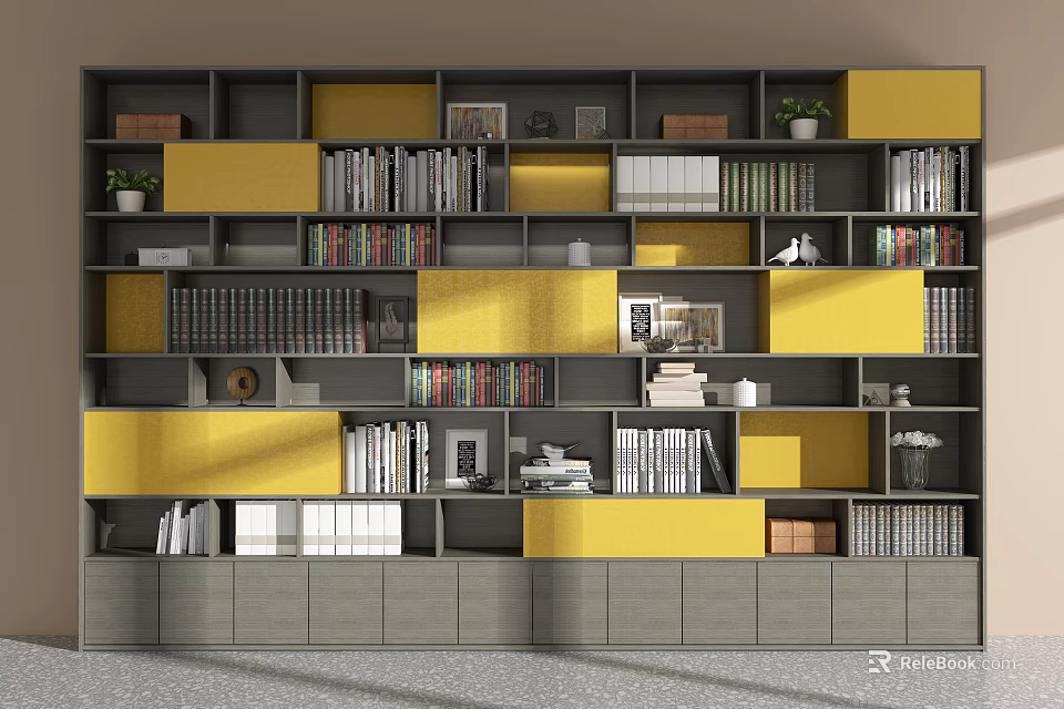 Modern Bookcase With Yellow Gray Shelves Books Decorative Items And Plants 3d model 