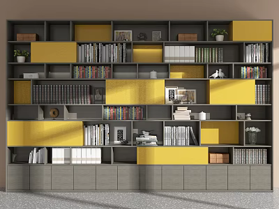 Modern Bookcase With Yellow Gray Shelves Books Decorative Items And Plants 3d model