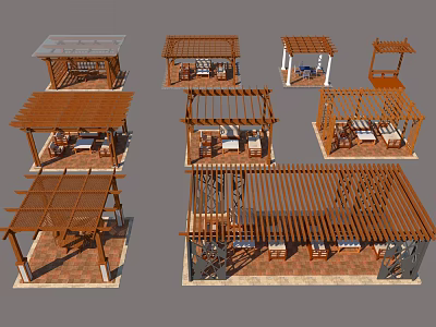 Wooden Pergola Structures With Various Designs Support Columns And Decorative Roof Frames 3d model
