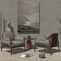 Casual Sofa Set with Wooden Frame Light Gray Cushions Side Table and Green Plant
