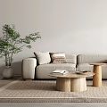 Modern Living Room Interior With Beige Sofa Wooden Coffee Table Green Plant And Area Rug