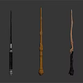 Magical Wizard Weapons Three Different Wands With Carved Handles And Decorative Designs