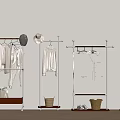 Modern Metal Clothes Racks with Hanging Light Colored Clothes Shoes Baskets and Hats