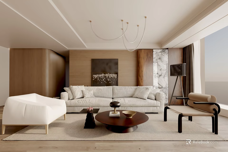 Modern Living Room Interior With Light Gray Sofa White Armchair Wooden Wall And Scenic View 3d model 