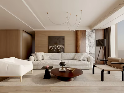 Modern Living Room Interior With Light Gray Sofa White Armchair Wooden Wall And Scenic View 3d model