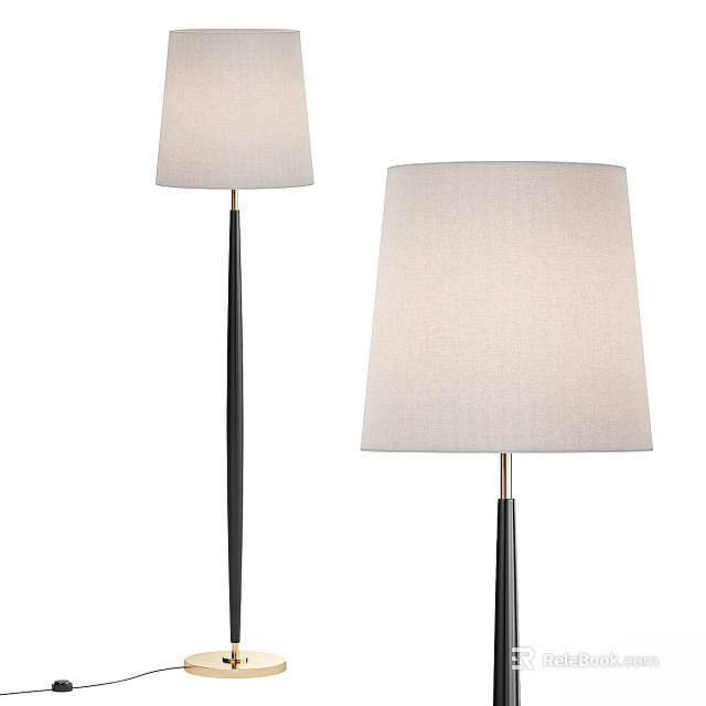 Set of Two Modern Floor Lamps With Black Metal Stand And Beige Linen Shade 3d model 