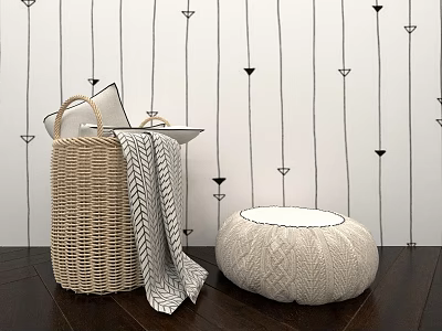 Round Woven White Stool With Wicker Basket Blanket On Dark Wooden Floor Against Black Arrow Pattern Wall 3d model