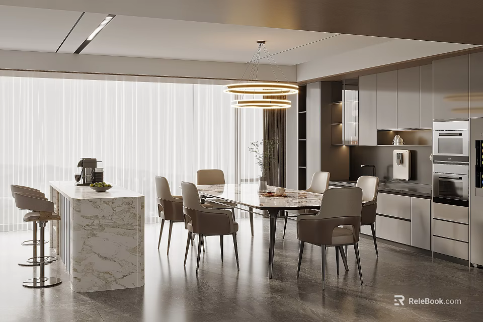 Modern Restaurant Interior With Dining Table Chairs Marble Counter And Pendant Light 3d model