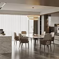 Modern Restaurant Interior With Dining Table Chairs Marble Counter And Pendant Light 3d model