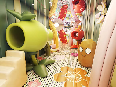 Vibrant Office Corridor With Green Red Brown Sculptures And Flower Patterned Floor 3d model