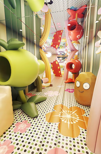 Vibrant Office Corridor With Green Red Brown Sculptures And Flower Patterned Floor 3d model