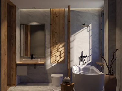 Hotel Bathroom Modern Design With Marble Walls Wooden Accents And Free Standing Bathtub 3d model