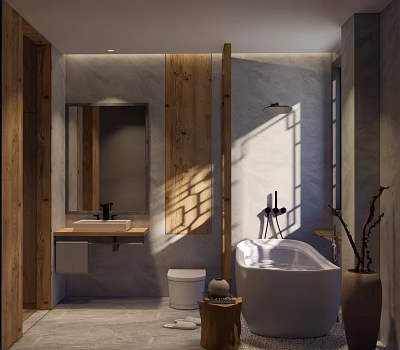 Hotel Bathroom Modern Design With Marble Walls Wooden Accents And Free Standing Bathtub 3d model